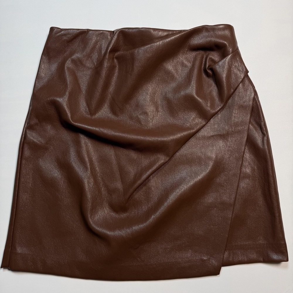 Wilfred Skirt Womens 6 Brown Faux Leather Wrap Asymmetric Mini Lined Draped
